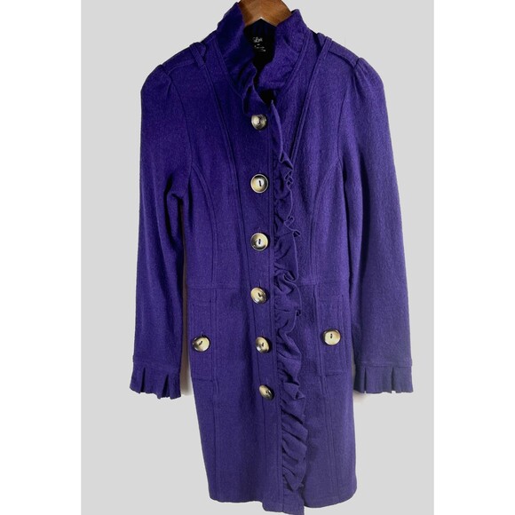 Luii Women's Size Med Deep Purple Ruffle Wool Sweater Coat Jacket Pockets - Picture 1 of 9